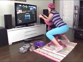 Busty teen babe with an amazing ass plays video games and has her ass eaten out